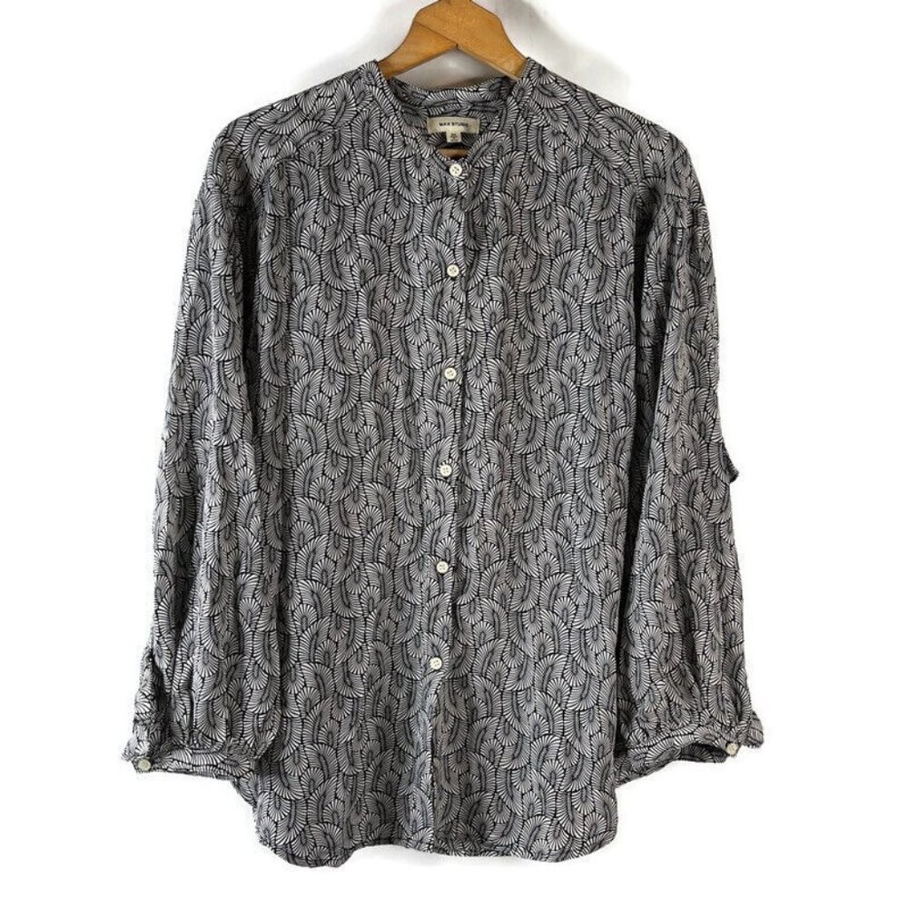 Max Studio Womens Button Up Tunic Shirt Top Size 2X Gray Black Geometric Ruffle
